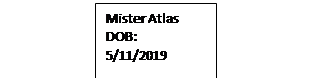 Text Box: Mister Atlas DOB:  5/11/2019
Sire:  Atlas EOT 5/14
